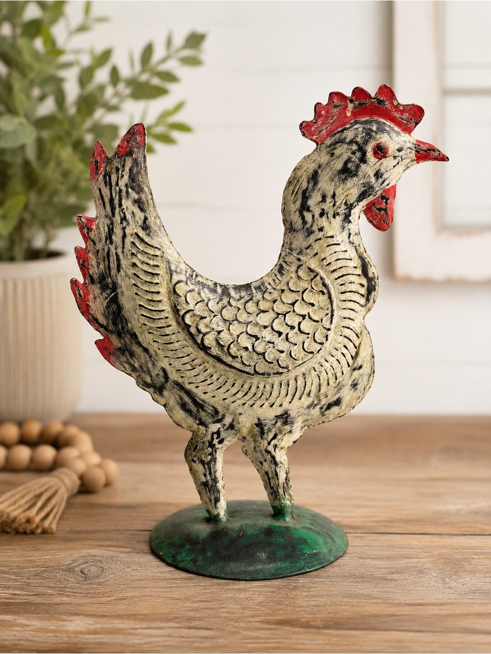 Rustic Hand-Painted Metal Chicken Hen Statue Farmhouse Country Decor